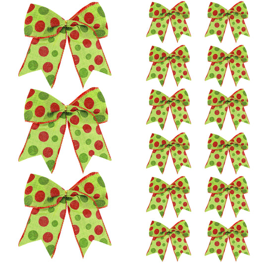 JIEYAO 15 Pcs Red Green Christmas Bows Decorations, 5.9“ Large Xmas Elf Tree Dot Bows, Christmas Wreaths Bows Peppermint Grland Ribbon Ornaments Santa Gift Decor for Home Party Crafts Gift Wrap(Green)