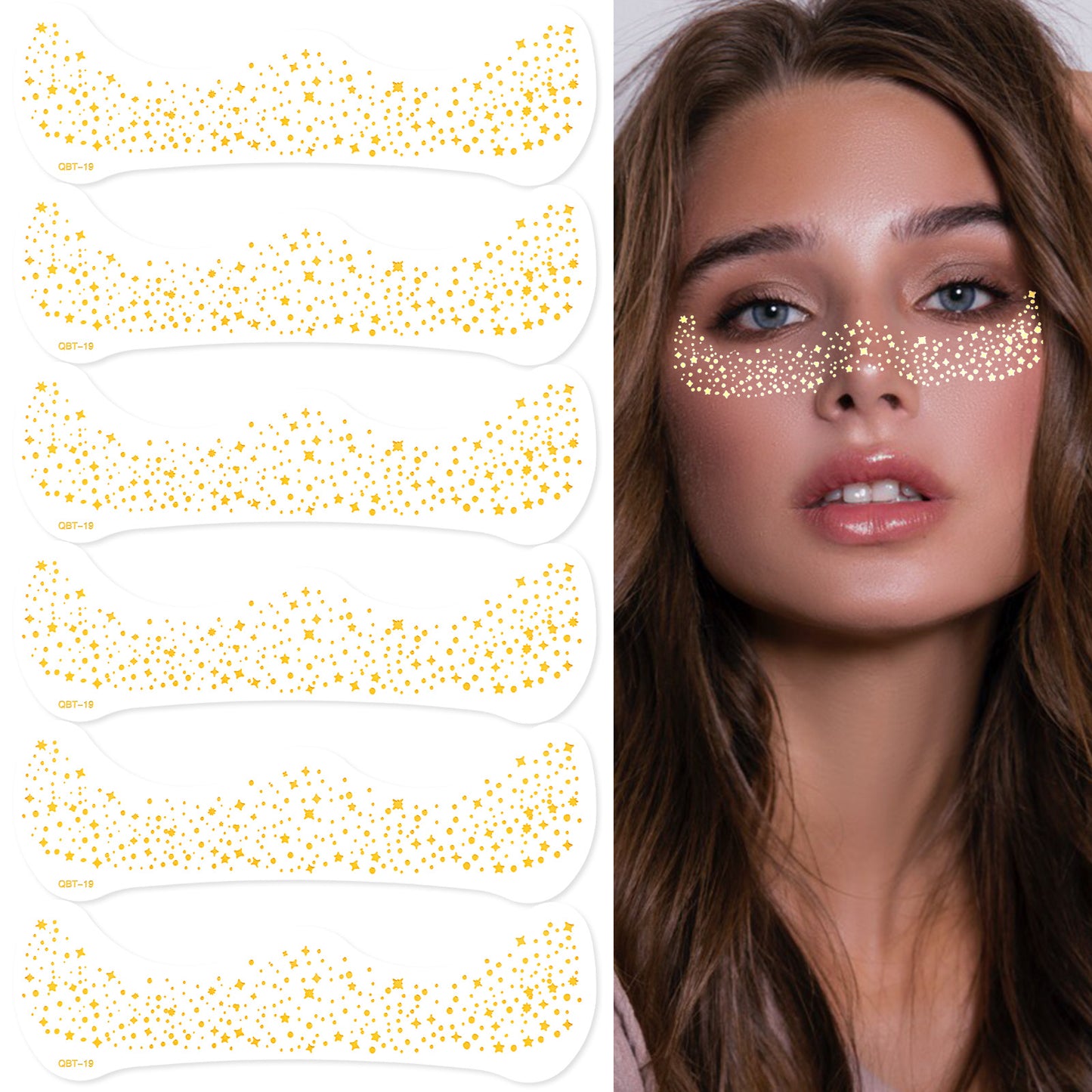 AOZUO 6PCS Glitter Freckles Face Tattoo, Makeup Face Glitter Speckles Patches Cute Waterproof Glow Up Sparkle Temporary Tattoo Fairy Accessories Rave Festival Trinkets Accessories for Women (Gold-D)