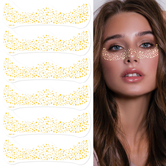 AOZUO 6PCS Glitter Freckles Face Tattoo, Makeup Face Glitter Speckles Patches Cute Waterproof Glow Up Sparkle Temporary Tattoo Fairy Accessories Rave Festival Trinkets Accessories for Women (Gold-D)