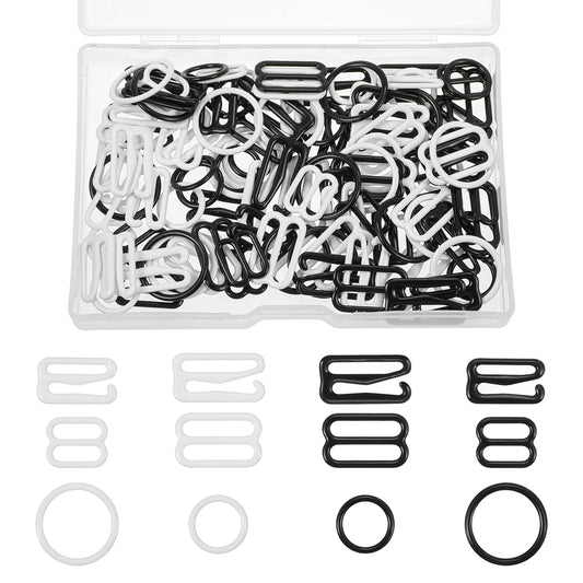 BOHUIZ 120 Pcs Bra Strap Clips, Bras Straps Hooks, Metal Bathing Suit Clips Clasp, Adjustment Slider, Bra Strap Rings for Swimsuit Tops and Lingerie, 3 Styles, 2 Sizes (Black, White, Gold, Silver)
