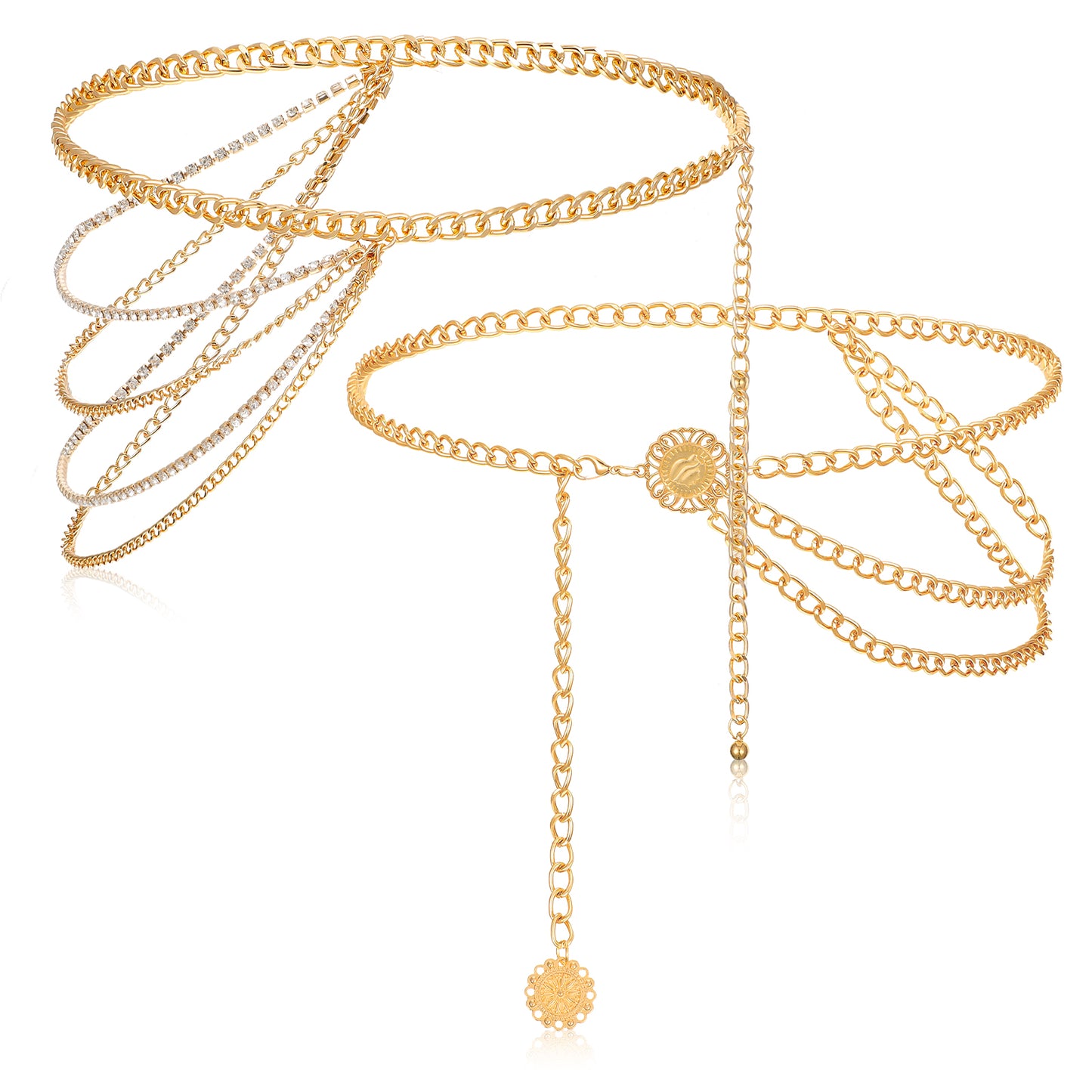 WJIAAA 2 Pcs Gold Chain Belt for Women, Gold Waist Chain Belt, Rhinestone Sparkly Belly Chains with Sunflower Pendant, Fit Waist Circumference less than 39in for Party Rave Body Jewelry