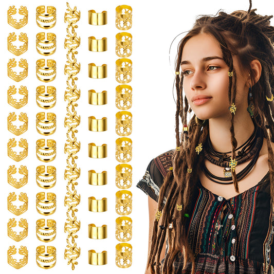LXUEJIE 50 PCS Gold Hair Jewelry for Braids Accessories, 5 Styles Hair Cuffs for Braids Loc Jewelry for Dreadlocks Adjustable Rings Braid Clips for Men Women