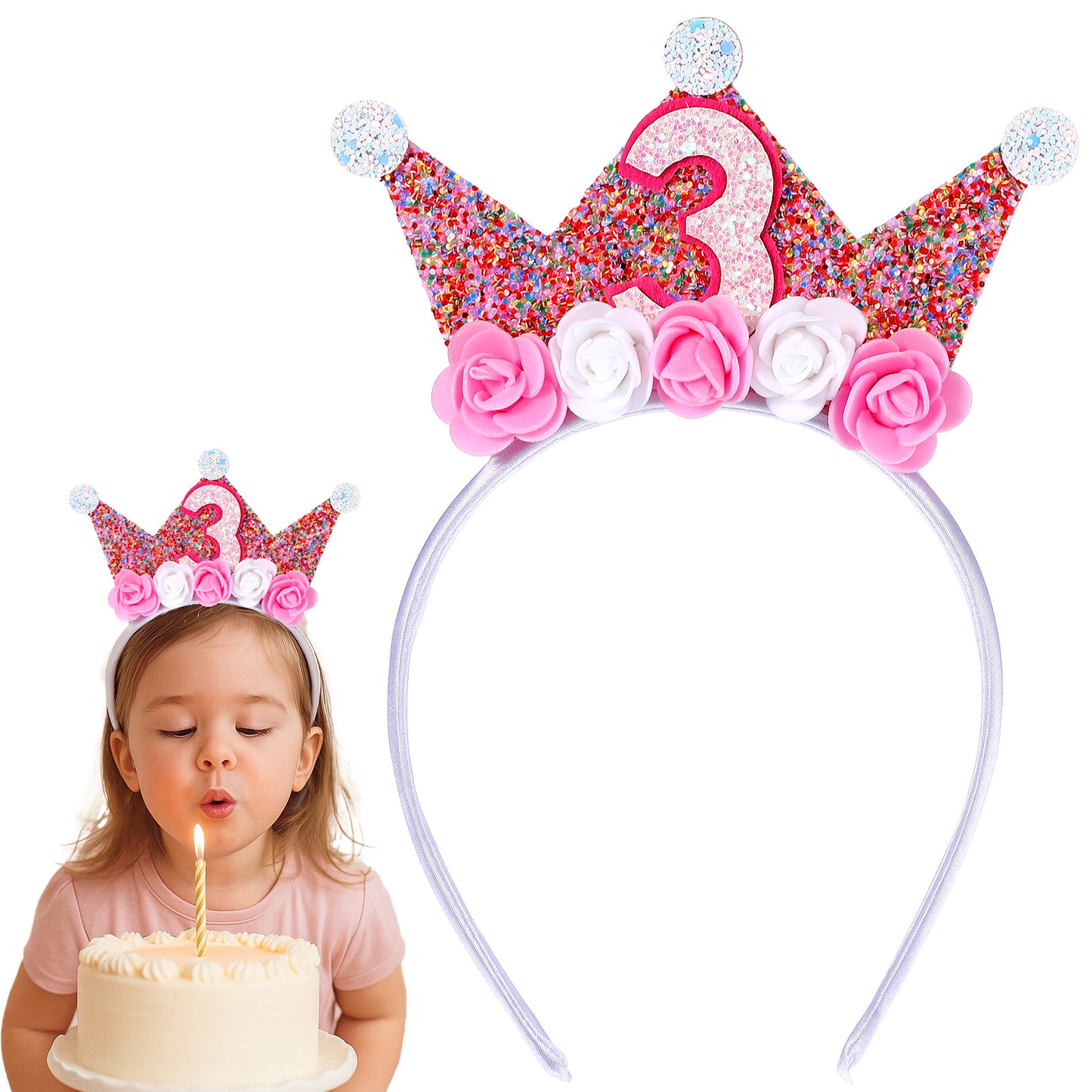 DOPENSPI 3rd Birthday Crown Headbands, Pink Birthday Girl Headband Flower Princess Tiara Hair Accessory Glitter Hair Band Birthdays Decorations for Birthdays Party Supplies(3rd)
