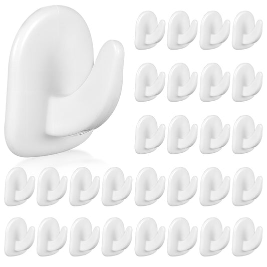 JJUNW 30Pcs Strong White Adhesive Wall Hooks, Reusable Seamless Hooks Small Acrylic Sticky Hangers for Kitchen Bathroom Bedroom Office