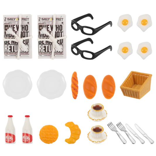 JIEYAO 24 Pcs Dollhouse Breakfast Set, 1:12 Dollhouse Miniature Scene Model Mini Food Toys Dollhouse Kitchen Accessories Tableware Cutlery Plate Eggs Milk Bread Cup Newspaper Knife Fork for Boys Girls
