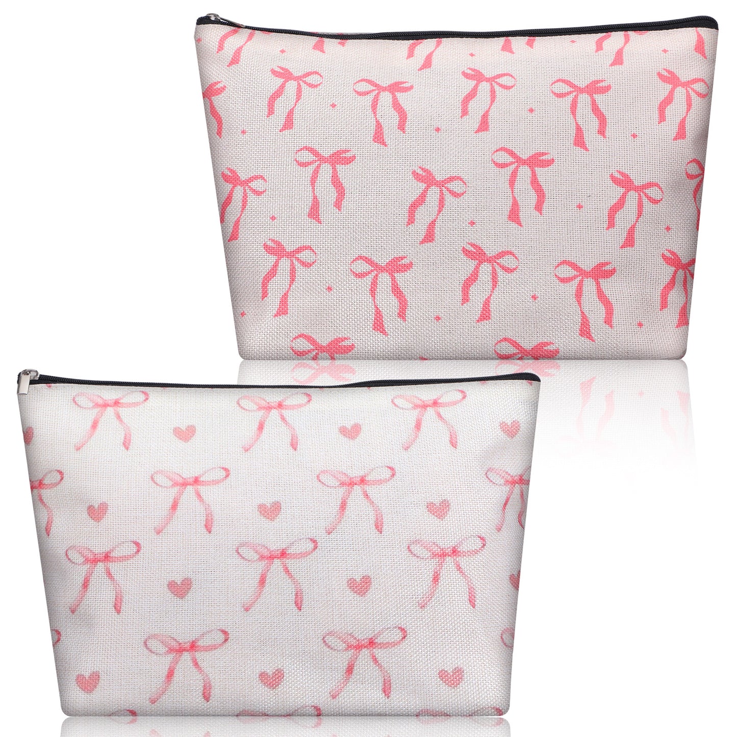 Molain 2Pcs Pink Bow Makeup Bag, Cute Makeup Bags Lovely Preppy Cosmetic Pouch Lovely Heart and Bow Make up Pouch with Zipper Travel Toiletry Bag Gift for Women and Girls