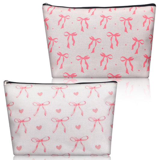 Molain 2Pcs Pink Bow Makeup Bag, Cute Makeup Bags Lovely Preppy Cosmetic Pouch Lovely Heart and Bow Make up Pouch with Zipper Travel Toiletry Bag Gift for Women and Girls