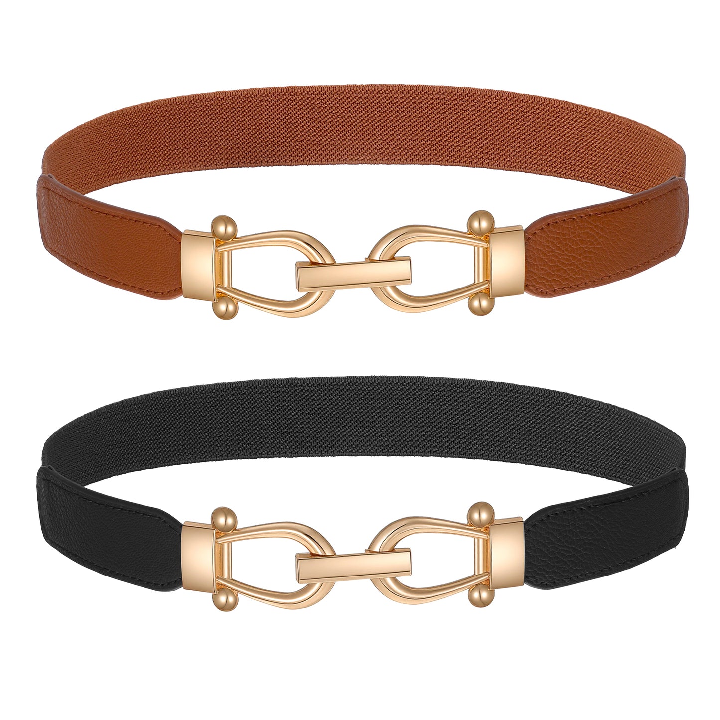 WJIAAA 2 Pack Women Skinny Stretch Belt, Elastic Waist Belt with Gold Buckle for Dress Jeans