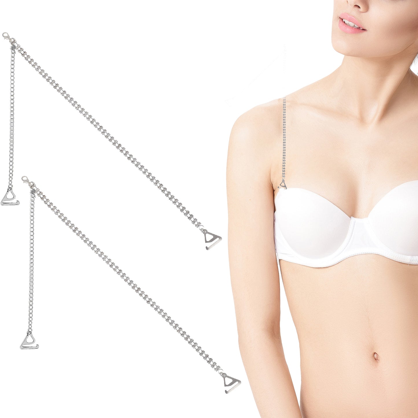 Giantree 1Pair Rhinestone Bra Straps, Bra Chain Bridal Wedding Rhinestone Lingerie Strap, Adjustable Invisible Shoulder Strap for Women Dress Accessories Jewelry Silver (2 Rows of Drill)