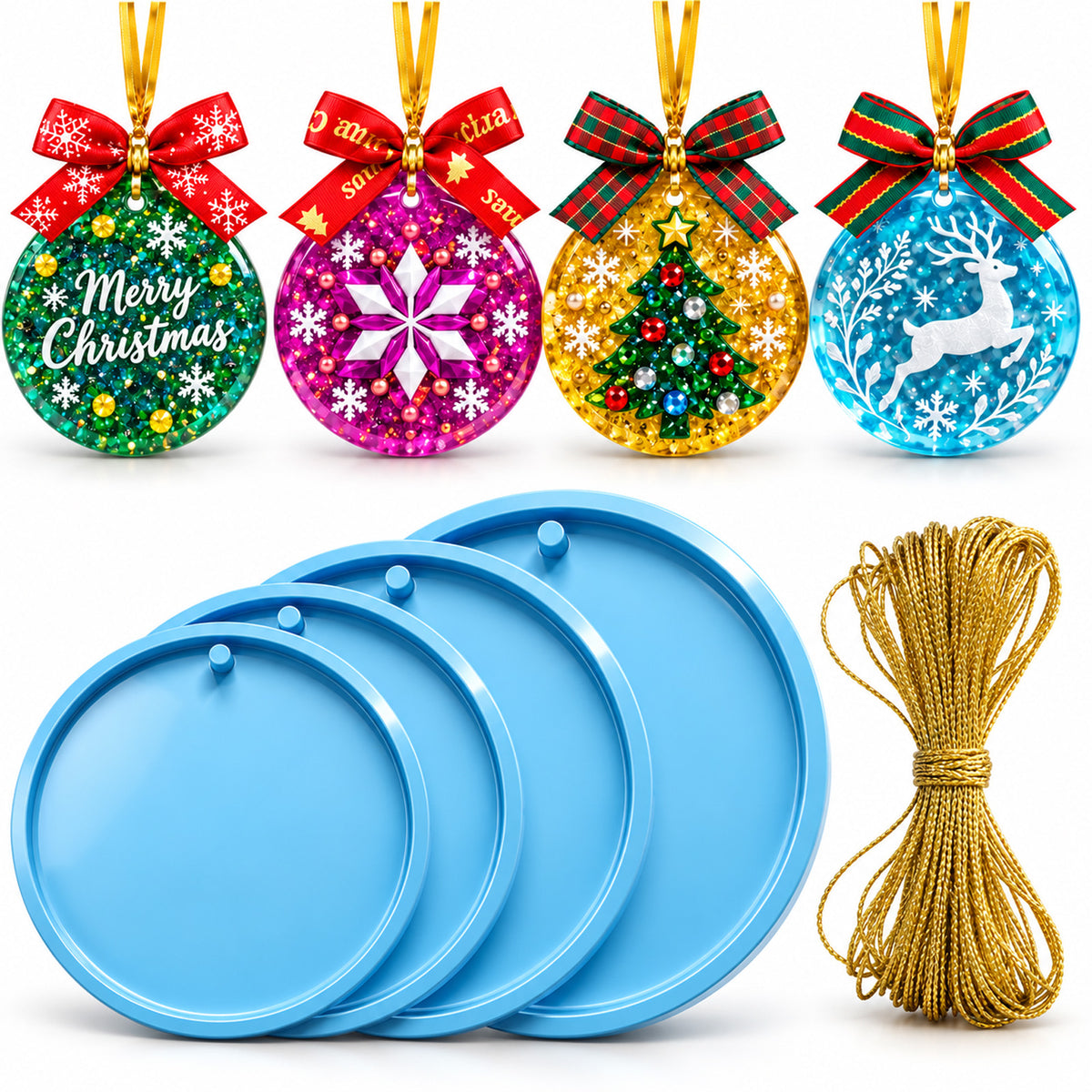 Amabro 4 Pcs Christmas Resin Molds, 4 Sizes Round Ornament Molds with Hole