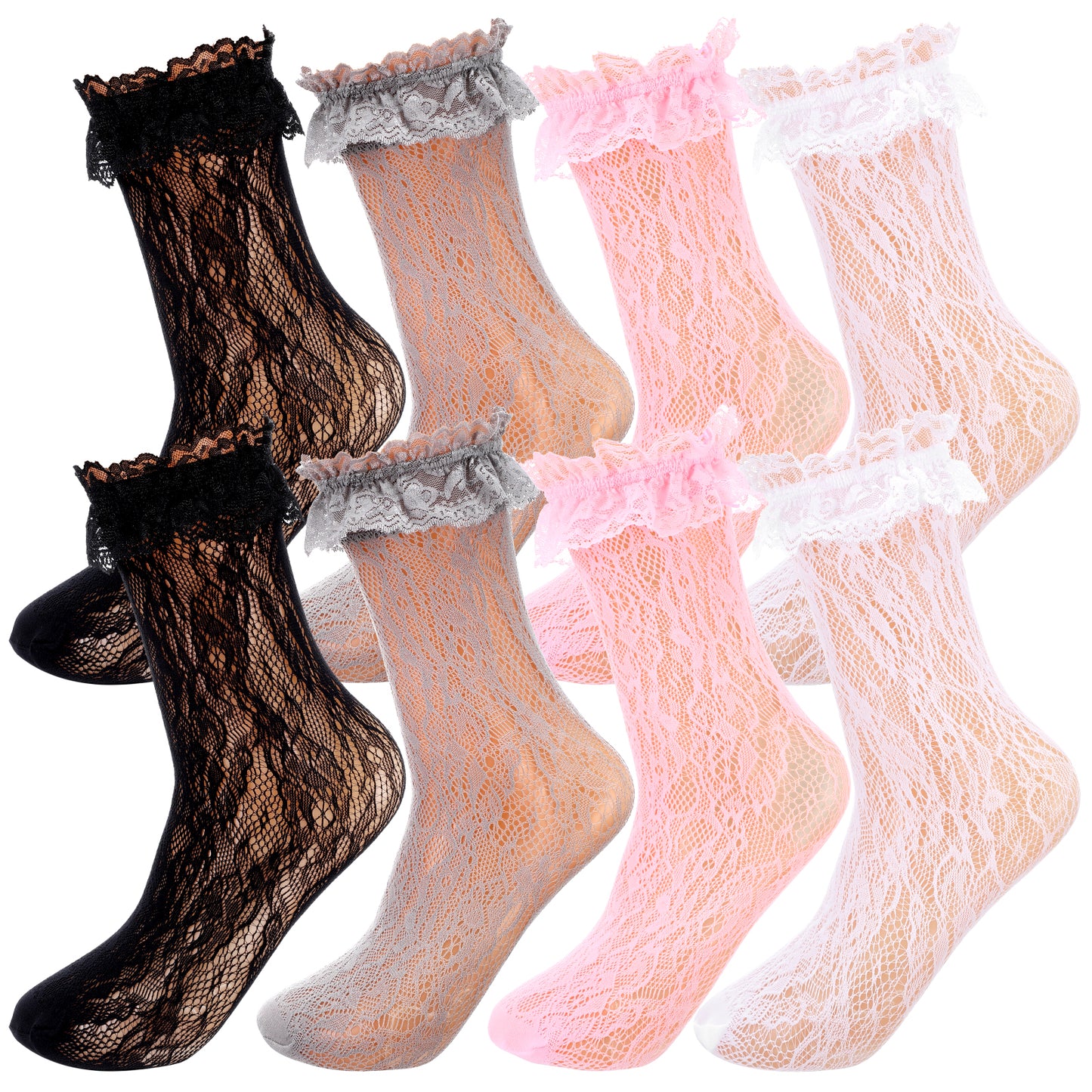 JIEYAO 4 Pairs Lace Ruffle Frilly Ankle Socks for Women, Soft Comfortable Cute Princess Dress Socks Lolita Accessories(Black, White, Pink, Gray)