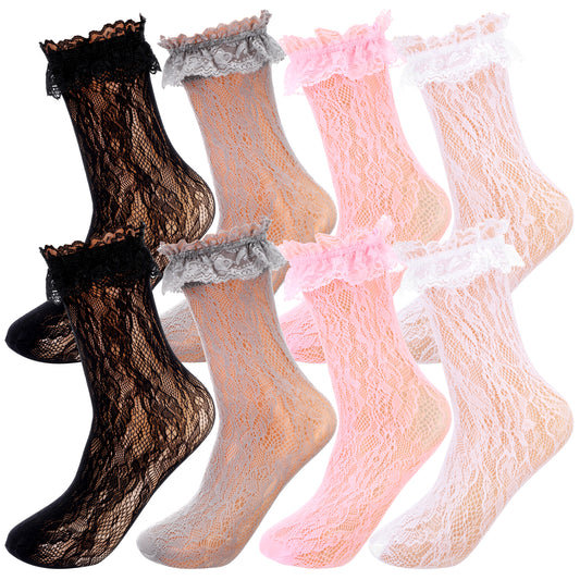 JIEYAO 4 Pairs Lace Ruffle Frilly Ankle Socks for Women, Soft Comfortable Cute Princess Dress Socks Lolita Accessories(Black, White, Pink, Gray)