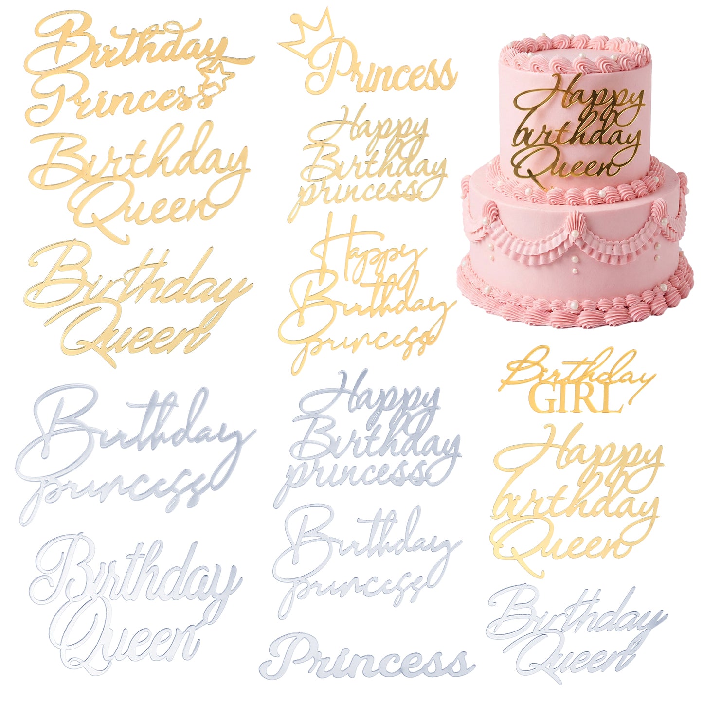 SULIKJHUI 14 Pcs Happy Birthday Princess Cake Topper, Birthday Queen Cake Topper, Acrylic Cupcake Decorations for Women, Girls Party Supplies, Gold & Silver