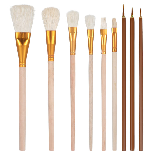HJZHII 9 Pcs Pottery Glaze Brushes, Ceramic Brush Set Artist Paint Brush Sets Flat Round Pointed Blending Mop Brushes with Long Wooden Handle for Acrylic Watercolor Oil Painting Students