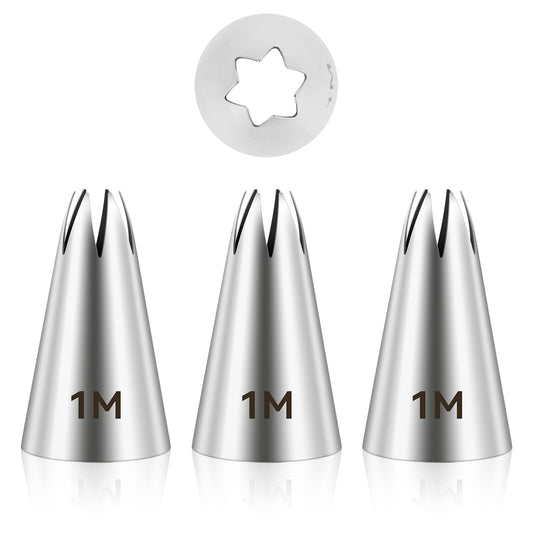 LXUEJIE 3 Pcs 1M Cake Piping Tips, Stainless Steel Icing Tips Seamless Frosting Piping Kit 1M Star Tip for Pipings Cake Cupcake Cookie Dessert
