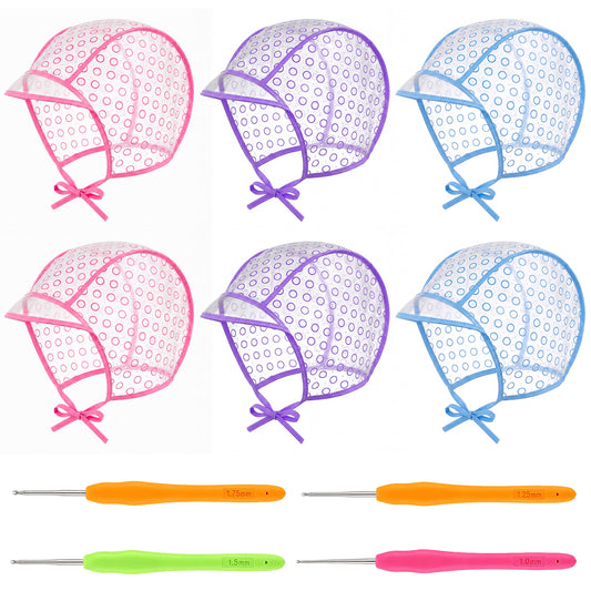 JJUNW 10 Pieces Highlighting Cap Hair Frosting Cap Highlight for Dye Color with 4 Pieces Plastic Hooks Hair Coloring Salon Hairdressing Tool Kit Supplies (Purple/Blue/Pink)