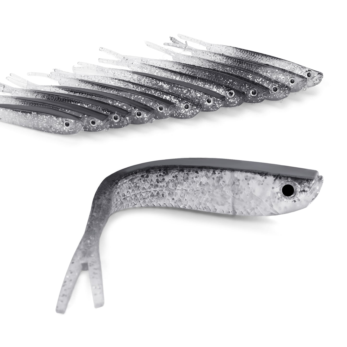 Molain Soft Fishing Lures- Scent attractant Fishing Bait for Bass, Split Tail Minnow Soft Plastic Jerk Lures 3D Lifelike Eyes Paddle Tail Swimbait Swimbaits, Powerbait Crappie Jigs (12Pcs)