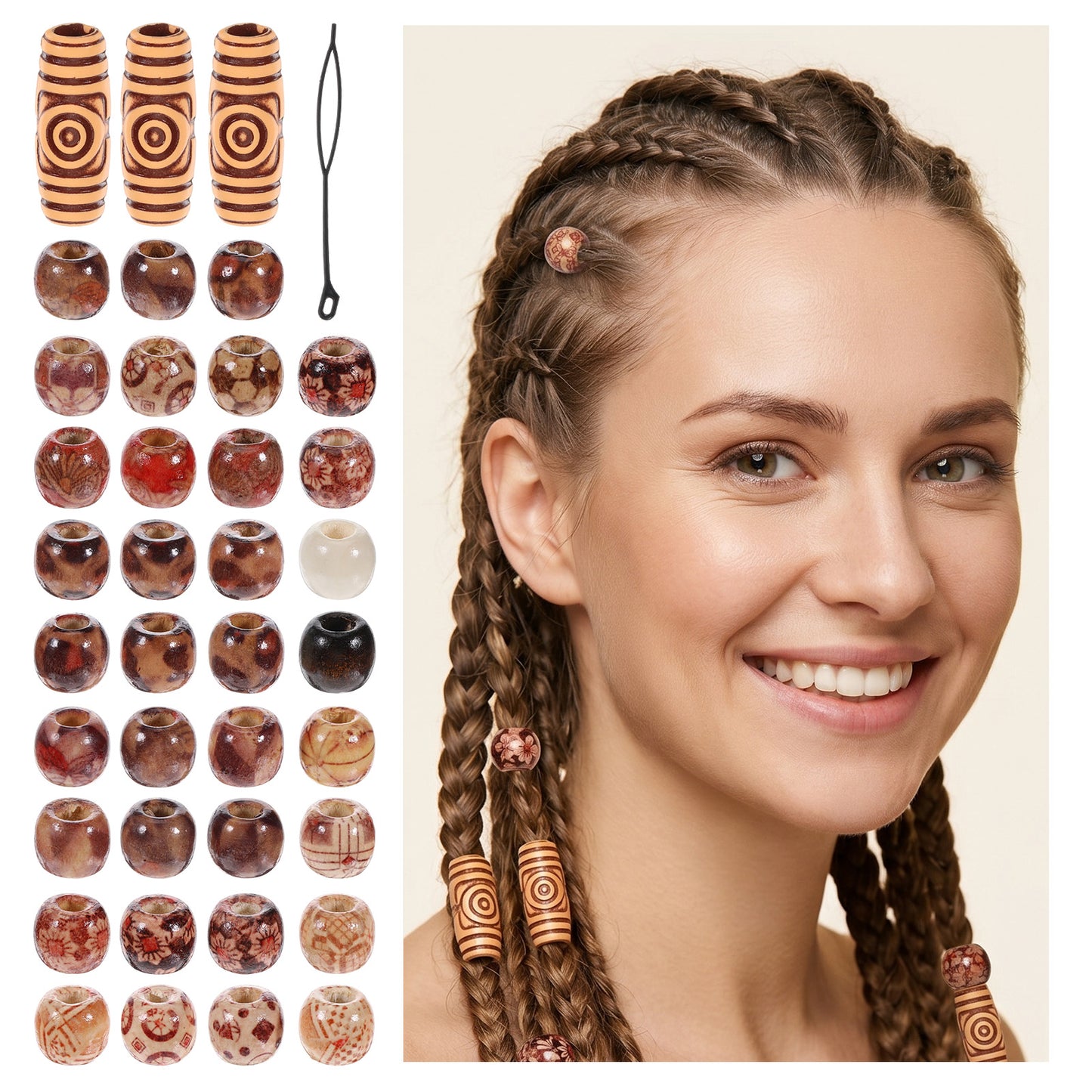 JJUNW 60 Pcs Wood Hair Beads for Braids, Hair Charms Brown Beads, Dreadlock Accessories for Wooden Multi Shape Bead Necklace Bracelet DIY Craft Handmade Decor
