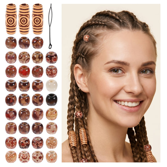 JJUNW 60 Pcs Wood Hair Beads for Braids, Hair Charms Brown Beads, Dreadlock Accessories for Wooden Multi Shape Bead Necklace Bracelet DIY Craft Handmade Decor