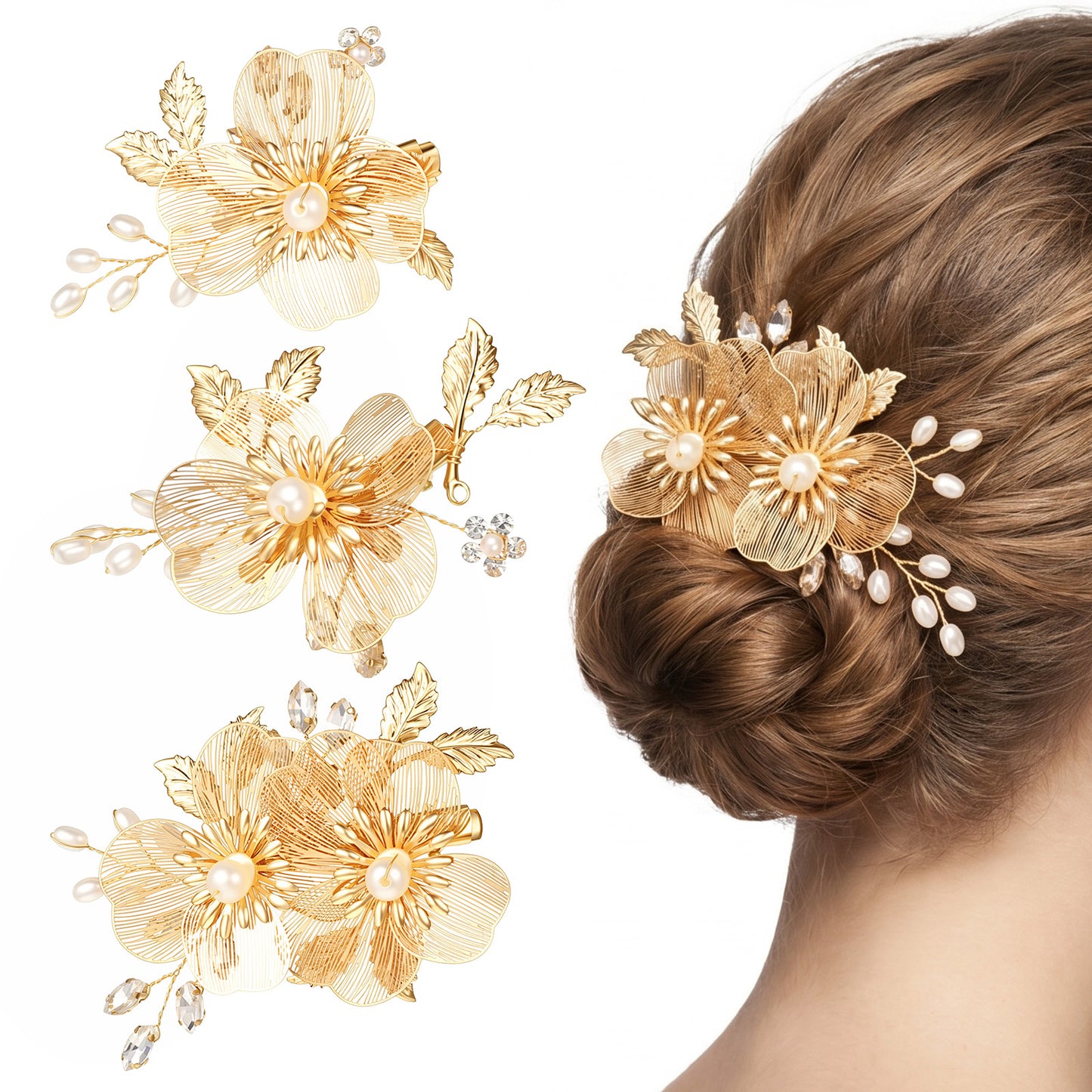 HJZHII 3PCS Bridal Gold Flower Hair Clips, Gold Flower Wedding Hair Accessories Crystal Pearl Flower Leaf Hair Pieces for Women Wedding Party Photo Shoots