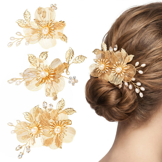 HJZHII 3PCS Bridal Gold Flower Hair Clips, Gold Flower Wedding Hair Accessories Crystal Pearl Flower Leaf Hair Pieces for Women Wedding Party Photo Shoots