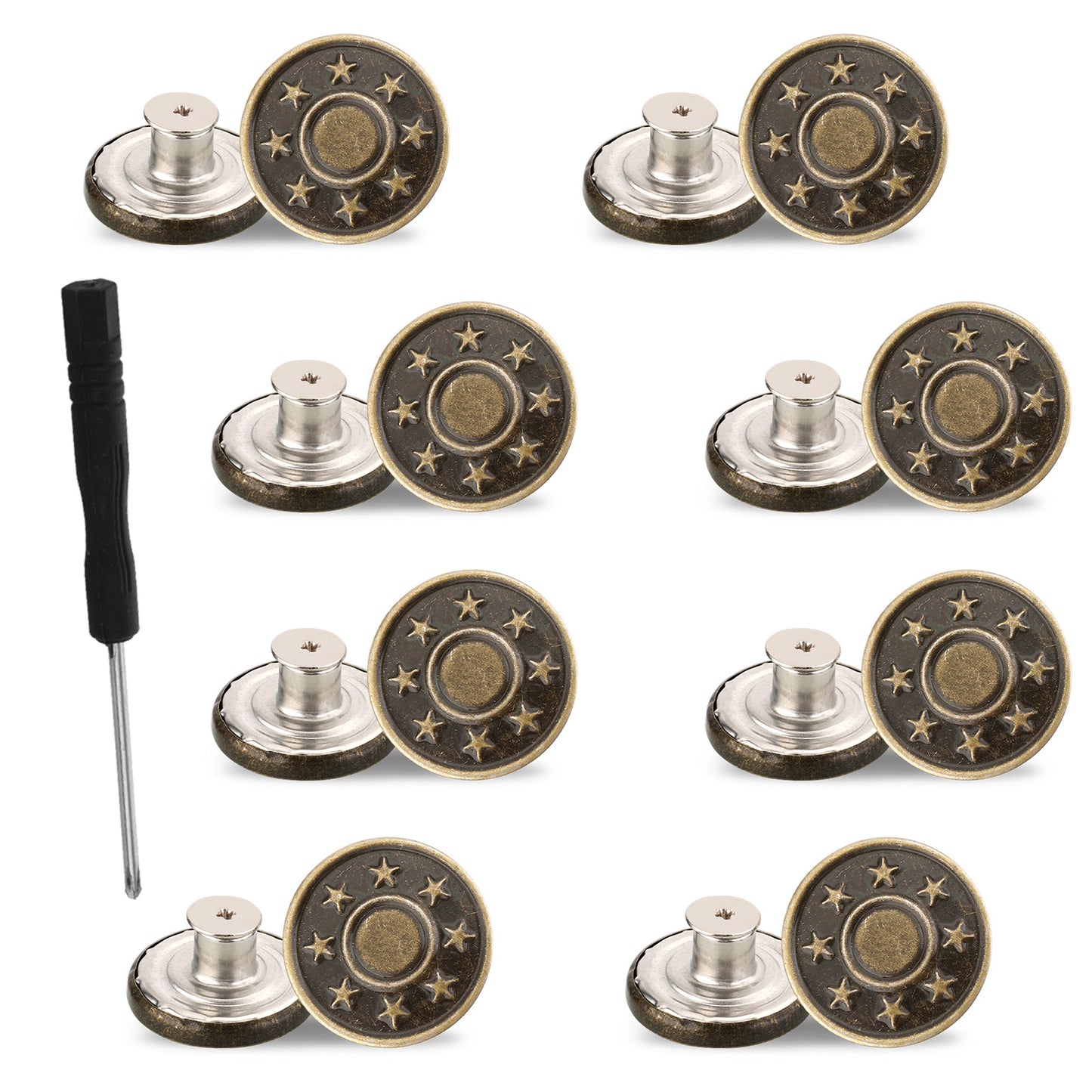 Molain 8 Pcs Jean Button Replacement Kit, 17mm No-Sew Metal Buttons for Clothes, Adjustable Pants Button Tightener with Screwdriver(17mm)