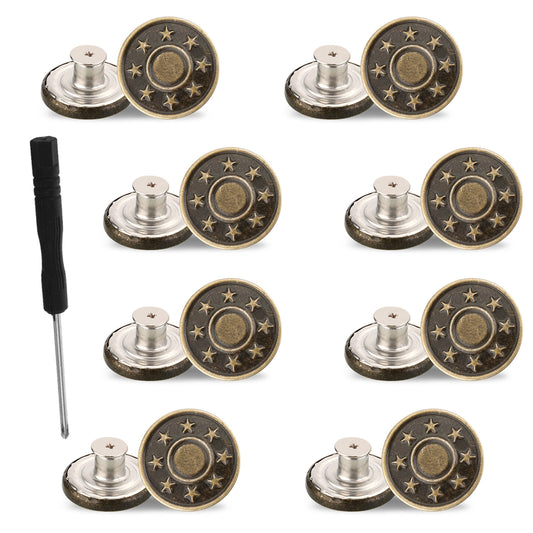 Molain 8 Pcs Jean Button Replacement Kit, 17mm No-Sew Metal Buttons for Clothes, Adjustable Pants Button Tightener with Screwdriver(17mm)