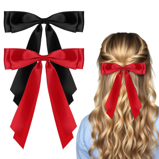 cobee 2 Pcs Red Hair Bow, Red Bow for Hair Satin Bows Red Hair Ties, Large Double Satin Ribbon Hair Clips Red Accessories for Holiday Party Women Girls Ponytail Holder(Red + Black)