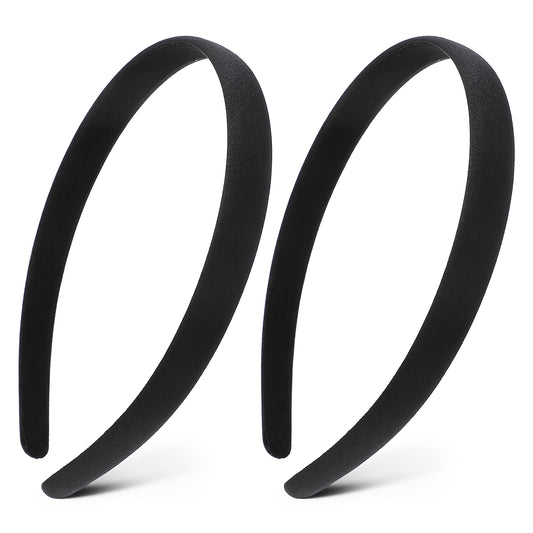 IANFAN 2 Pcs Black Satin Headbands for Women, 0.6 Inch Wide Hard Head Band Non-Slip Plain Hair Bands Plain Wide Hair Band Hoops for Women Cosplay Halloween Christmas DIY Costumes Crafts Gifts