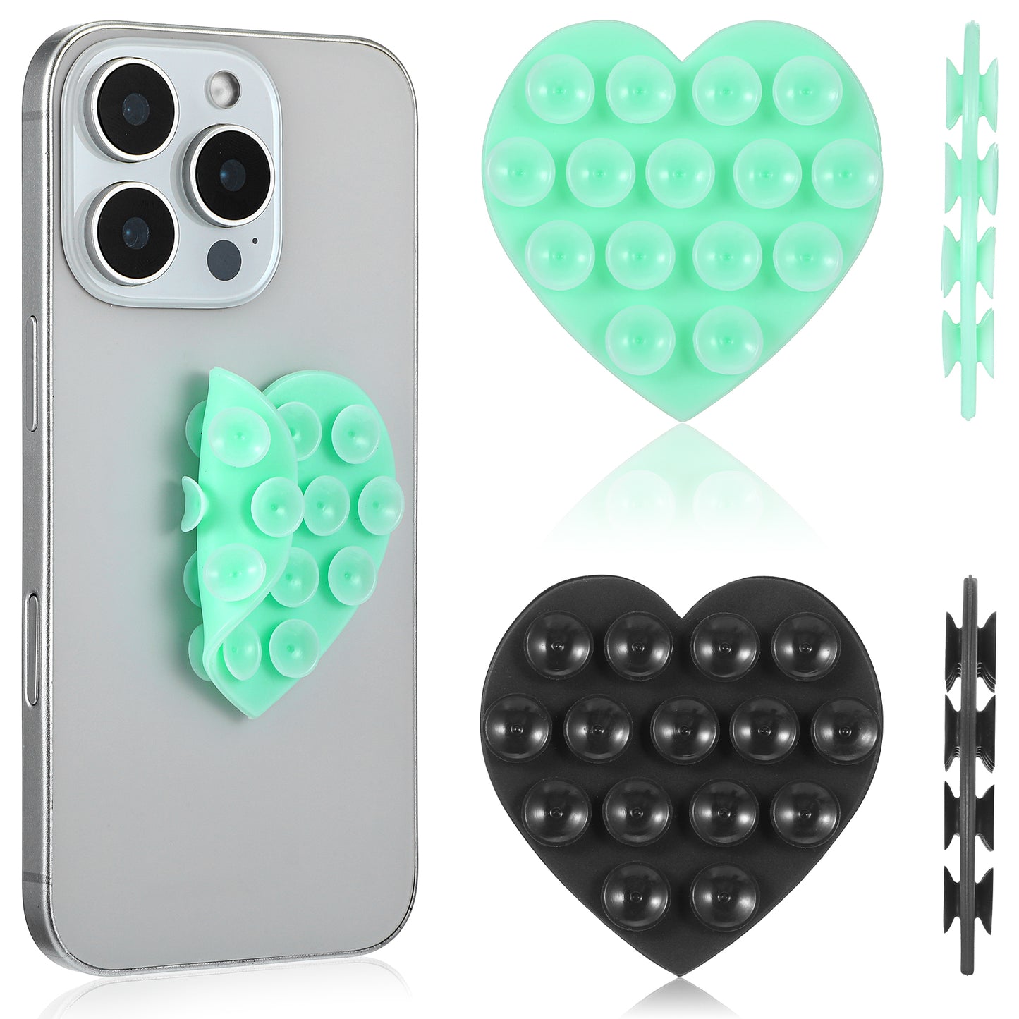 JIEYAO 2Pcs Heart-Shape Phone Suction Grip, Double-Sided Suction Phone Case Mount, Silicone Phone Sticky Grip Hands-Free Sticky Phone Suction Holder Silicon Adhesive Phone Accessory (Black+Green)
