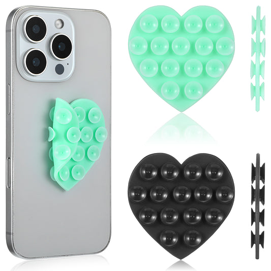 JIEYAO 2Pcs Heart-Shape Phone Suction Grip, Double-Sided Suction Phone Case Mount, Silicone Phone Sticky Grip Hands-Free Sticky Phone Suction Holder Silicon Adhesive Phone Accessory (Black+Green)