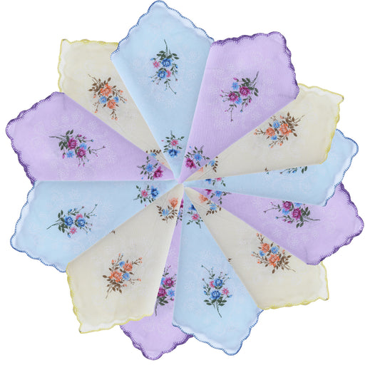 JJUNW 12 Pcs Vintage Ladies Handkerchiefs, 11.8 Inch Women's Cotton Handkerchiefs Embroidered Colorful Embroidered Ladies Handkerchief for Tea Party Wedding Daily Use(Color2)