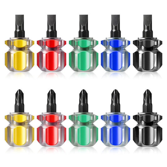 HJZHII 10Pcs Stubby Screwdriver Set, Mini Short Screwdriver Sewing Machine Screwdrivers with Flat Head and Phillips Head Short Small Screwdrivers Tool Kit for DIY Repairing Sewing Projects (5 Colors)