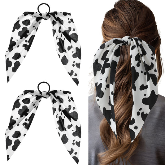 HJZHII 2Pcs Cow Print Hair Band for Women, Elastic Bowknot Hair Tie Ropes, Ponytail Holder Hairs Scrunchies Handmade Bunny Ear Bow Accessories for Girl Birthday Gift