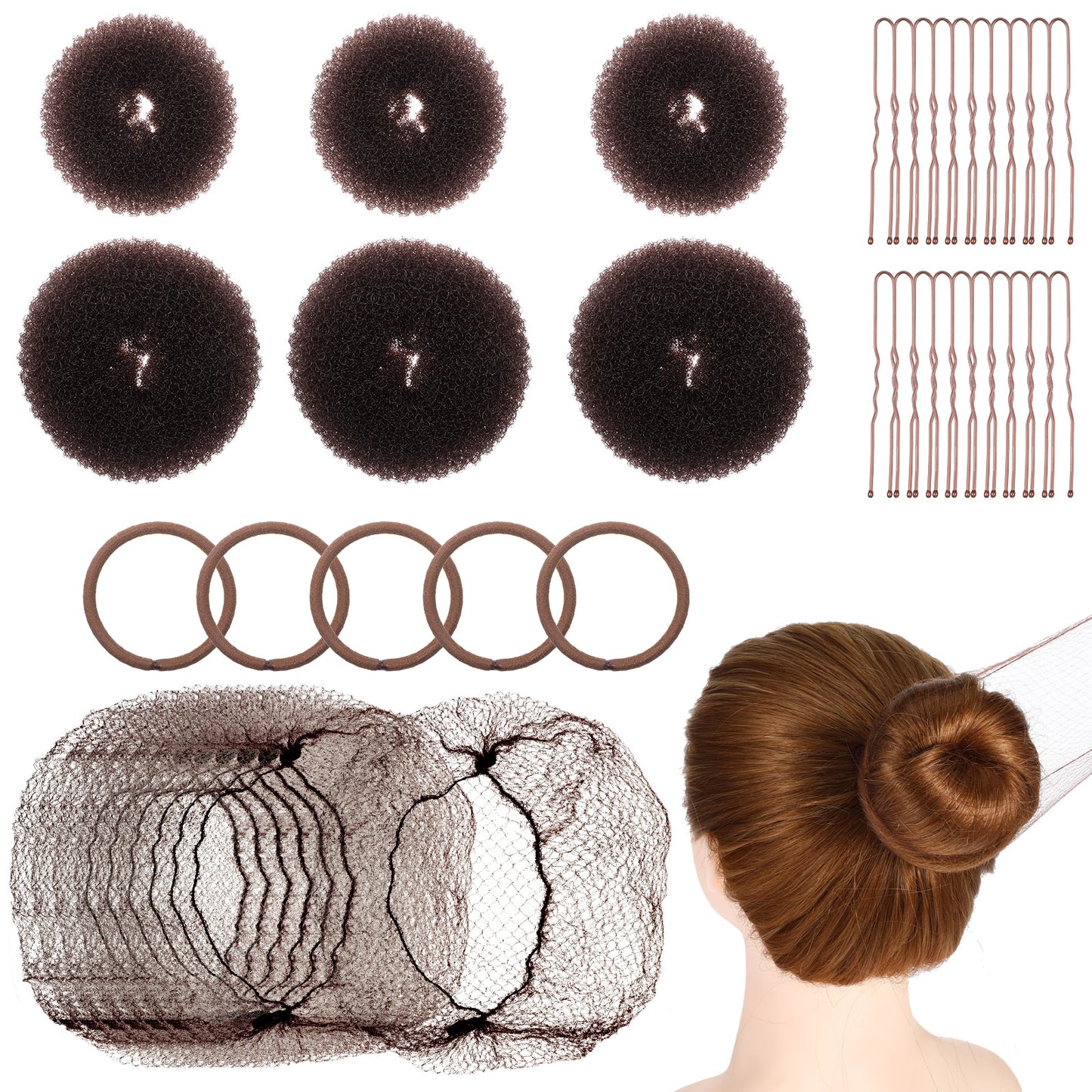 Hair Bun Maker Set, 6 PCS Hair Donuts for Buns (3 Medium and 3 Small) 20 PCS Bobby Pins 10pcs Small Invisible Hair Nets 5 PCS Hair Elastic Ties Bun Maker - Light Brown