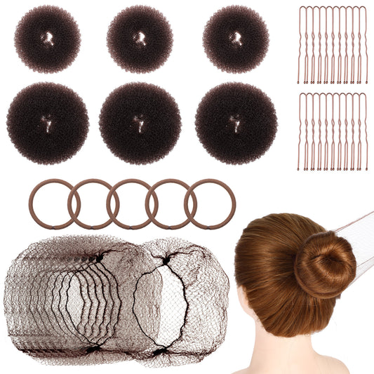 Hair Bun Maker Set, 6 PCS Hair Donuts for Buns (3 Medium and 3 Small) 20 PCS Bobby Pins 10pcs Small Invisible Hair Nets 5 PCS Hair Elastic Ties Bun Maker - Light Brown