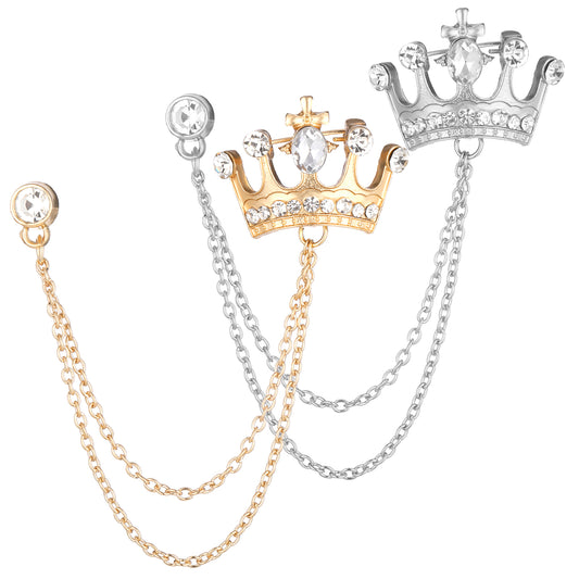 MBAIYO 2 Pcs Crown Hanging Chain Brooch for Men Women, Vintage Crystal Suit Lapel Pin with Rhinestone Detailing, Gold Silver Collar Pins for Suit Accessories Breastpin Wedding Brooch Pin