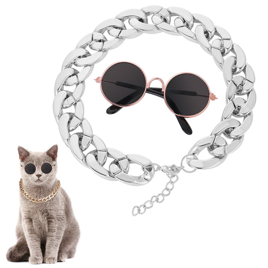 HJZHII Cat Costume Sunglasses with Collar Chain, Retro Pet Eyeglasses Funny Kittens Costume Docorations Cosplay Dog Puppies Photo Props for Birthday (Silver)