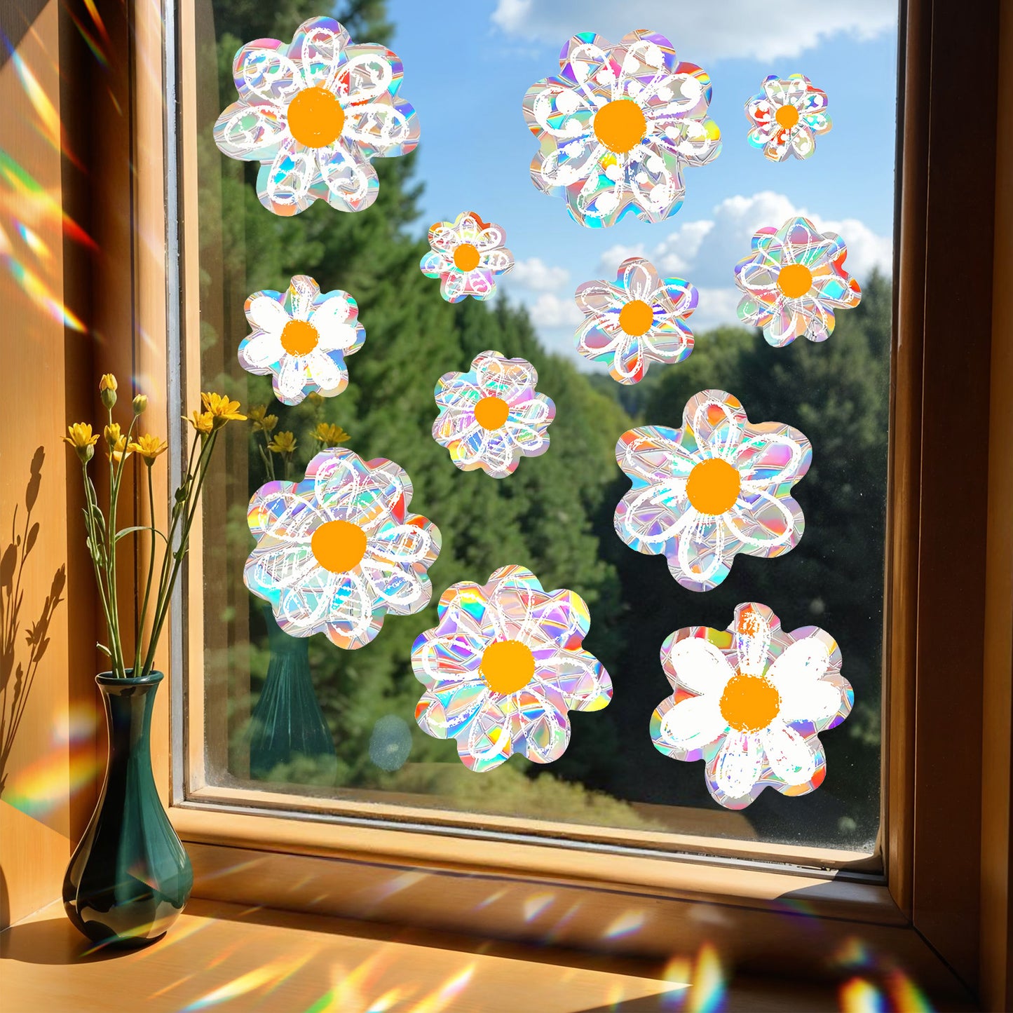 XLIUAX 12 Pcs Daisy Suncatchers Window Stickers, Anti Collision Flowers Window Clings Shiny Rainbow Prism for Bird Strikes Reusable Glass Decals for Mirror Display Shop Office Supplies