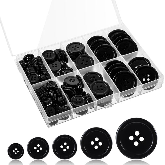 AOZUO 160Pcs Resin Black Buttons, 4-Hole Round Sewing Buttons, 5 Sizes of Craft Round Buttons with Storage Box Large Mixed Buttons for DIY Crafts Scrapbooking Clothes Sewing Buttons Decoration(Black)