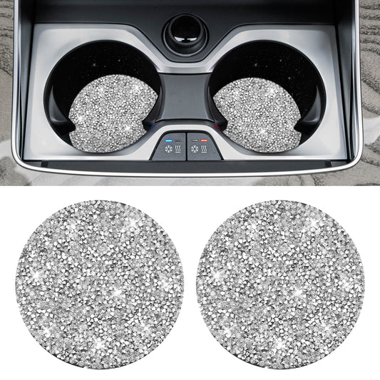 AOZUO Car Cup Coaster, 2pcs Bling Cup Holders Crystal Rhinestone Anti-Slip Shockproof Vehicle Holders Coasters Drink Car Cup Mat Universal Insert Automotive Interior Accessories for Women(Silver)