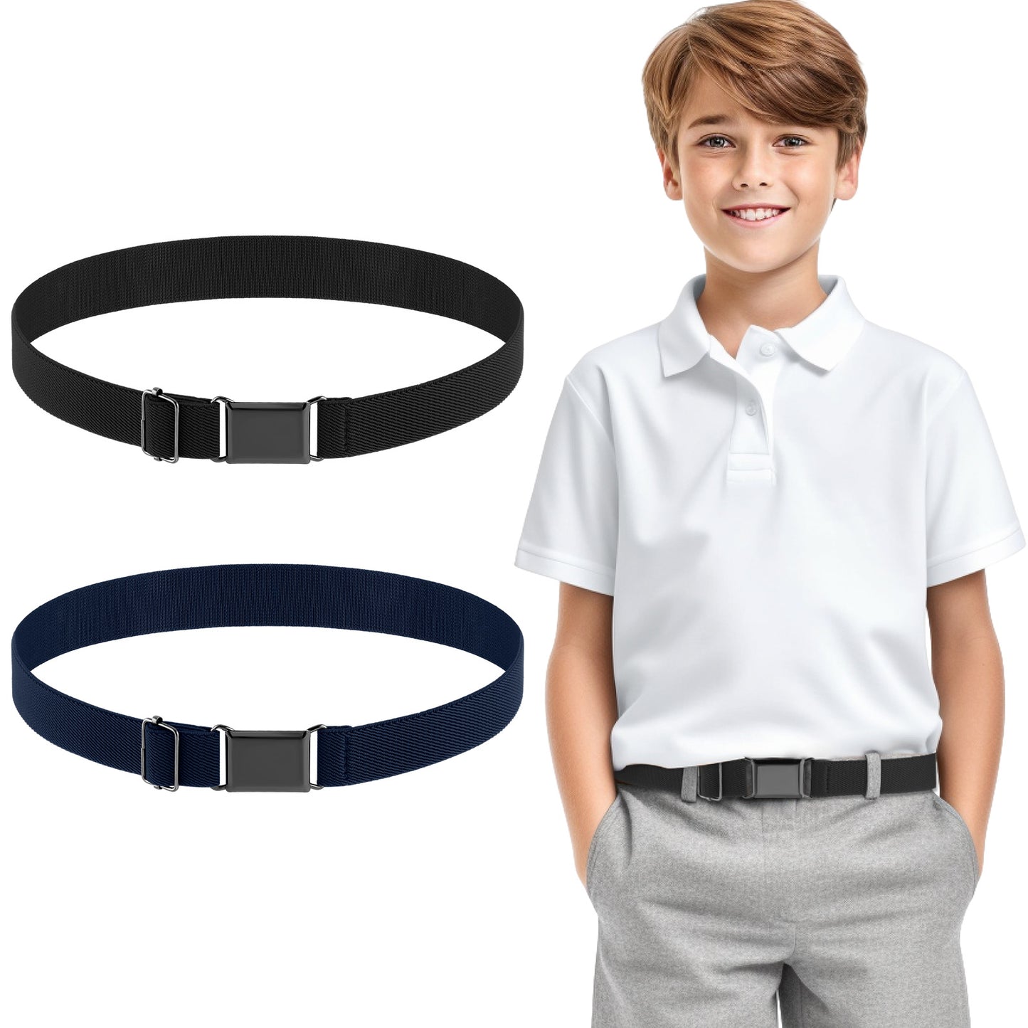 TIESOME 2PCS Adjustable Kids Elastic Belts, Stretch Waist Belts Black Metal Square Buckle Boys Belt for Pants Jeans Uniform (Black+Dark Blue)