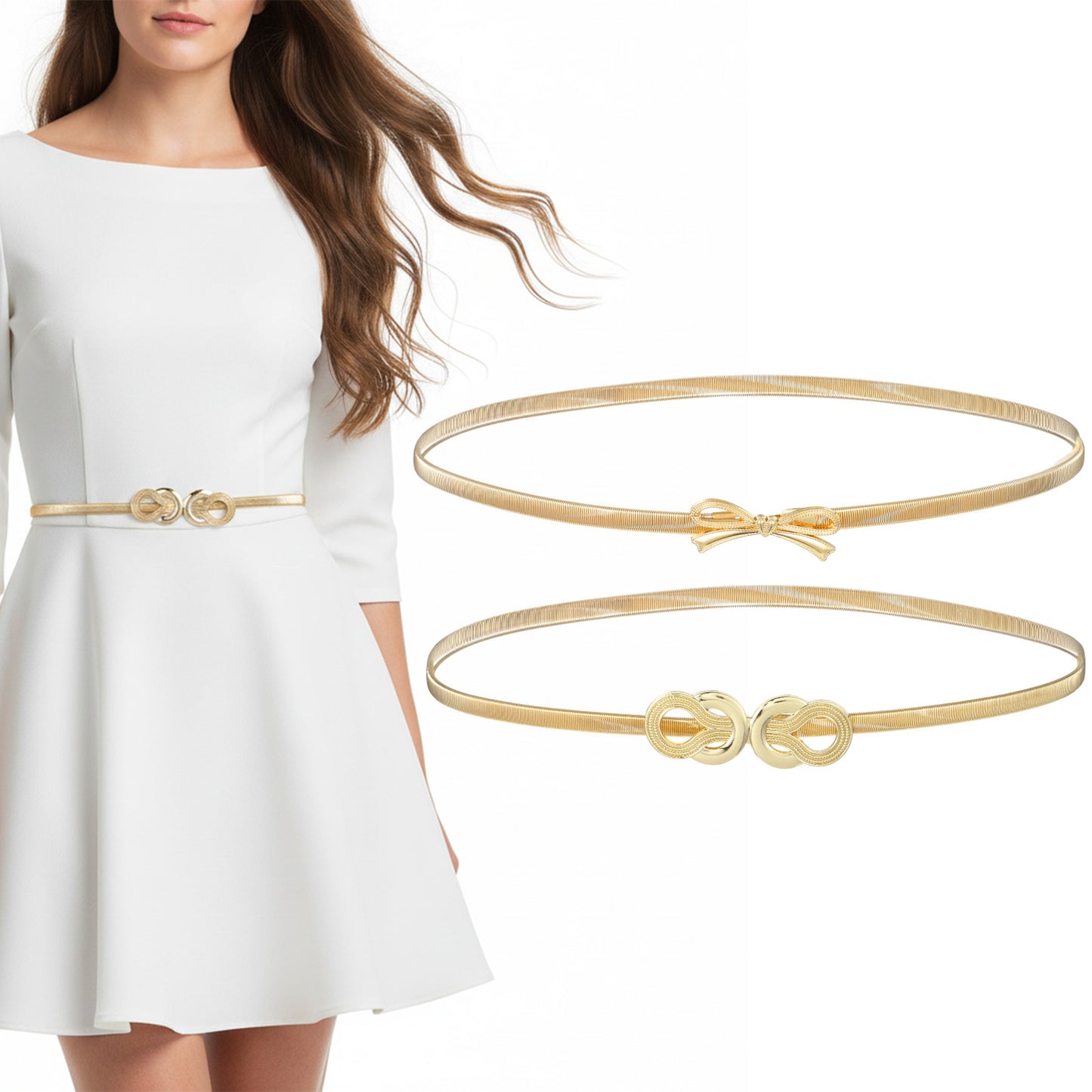WJIAAA 2 Pack Gold Belts for Women, Skinny Elastic Waist Belt with Adjustable Buckle, 1 Inch Wide for Dresses, Skirts, Casual & Formal Outfits