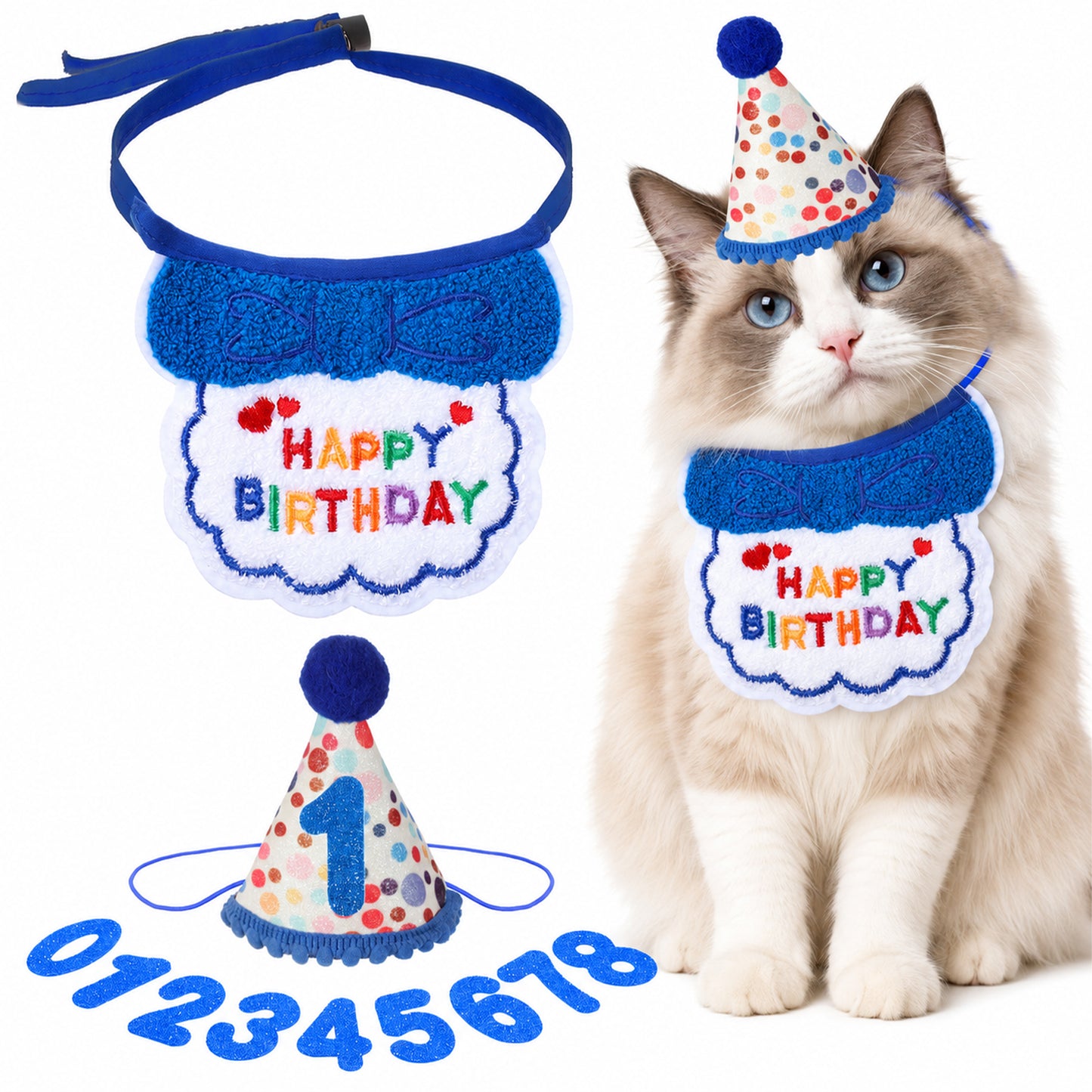 Cobee Cat Birthday Hat with Collar and Number, Cute Cat Birthday Party Supplies Blue Kitten Bandana Party Decorations Outfits for 0-8 Years Kitten(Blue)