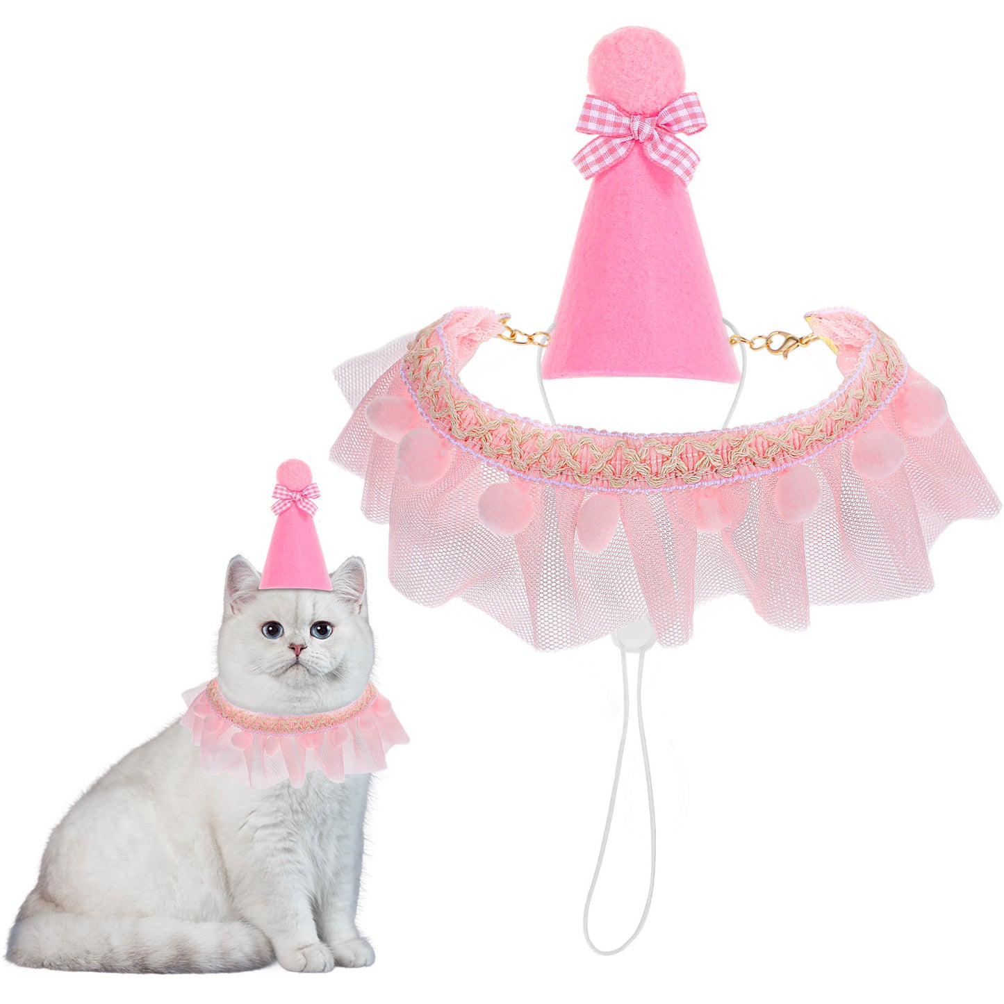simarro Pink Cat Birthday Hat Scarf Set, Cute LaceBandana Bib Party Hat Cat Pink Birthday Party Supplies for Cats Puppy and Small Dogs Birthday Costumea