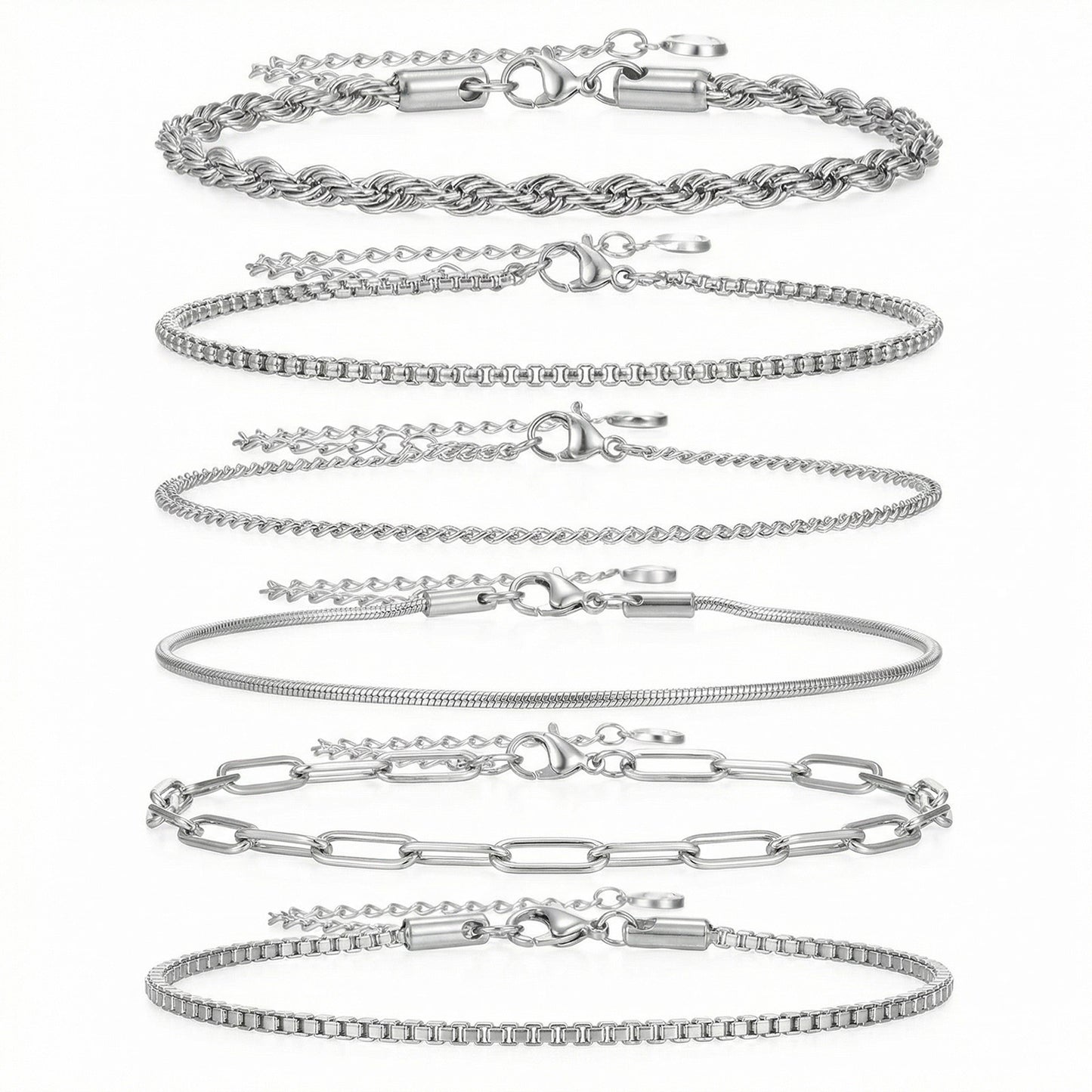Molain 6Pcs Stainless Steel Chain Bracelets for Men Women, Cuban Rope Box Paperclip Wheat Link Chain Bracelet Set 7 Inch Adjustable Jewelry Gift