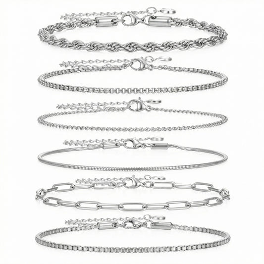 Molain 6Pcs Stainless Steel Chain Bracelets for Men Women, Cuban Rope Box Paperclip Wheat Link Chain Bracelet Set 7 Inch Adjustable Jewelry Gift