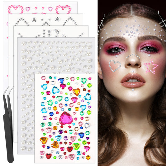 Andibro 5 Sheets Face Gems, Face Gems Rhinestones Pearl Stickers Heart Star Moon Shape Hair Accessories with Tweezers for Makeup Body Hair Decor Festival Craft