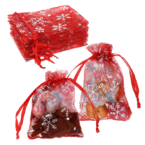 Giantree 100 Pcs Christmas Organza Bags, 3x4 inch Small Snowflake Christmas Organza Gift Bags, Mesh Drawstring Gift Bags for Christmas Winter Party Gift Jewelry Bags Candy Treat Bags(Red)