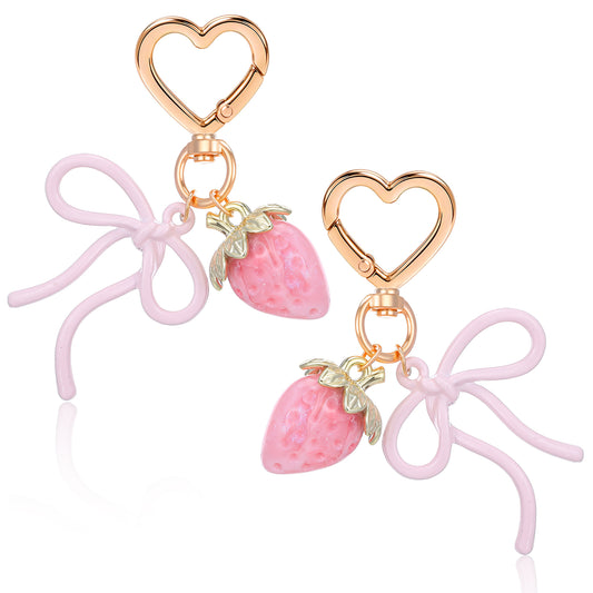 MBAIYO 2pcs Strawberry Keychain, Pink Bow Key Chain, Cute Strawberry Bag Charms, Kawaii Bow Heart Keyring Accessories for Women Girls, Purse Handbag Car Keys Gift